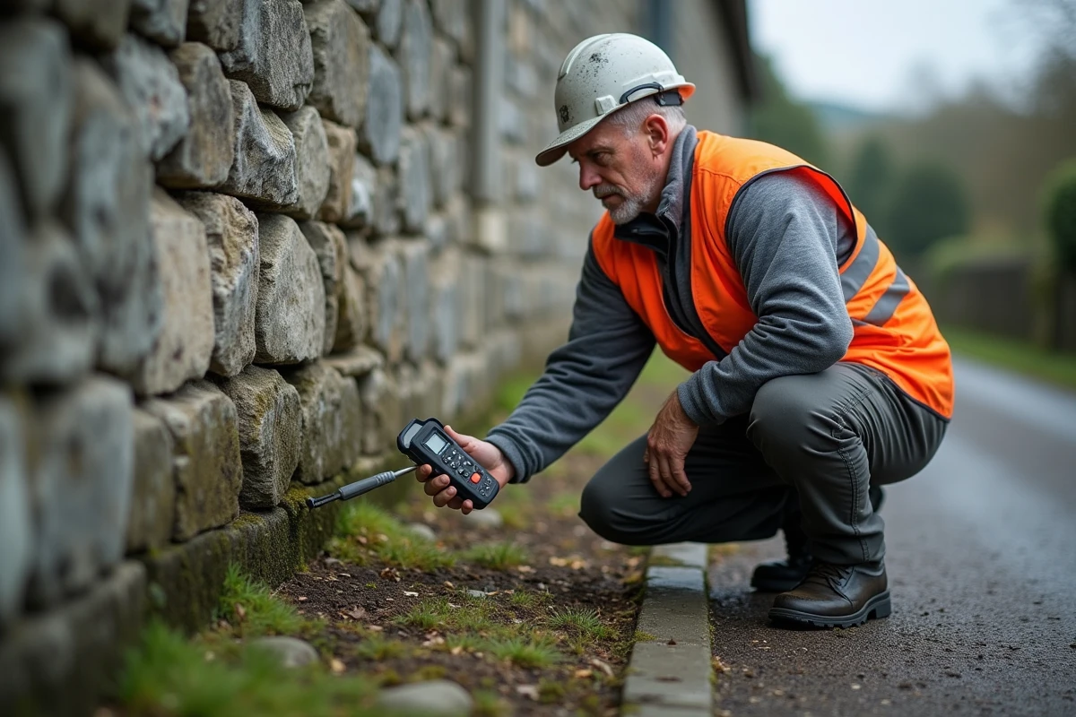 Expert en bâtiment inspectant les infiltrations d'humidité et les joints dégradés à la base d'un mur en granit breton lors d'un diagnostic immobilier
