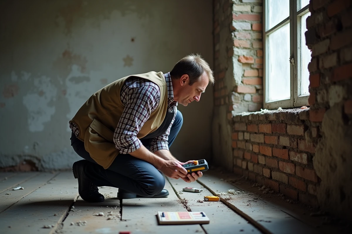 Expert immobilier mesurant l'humidité d'un mur en mâchefer dans une maison ancienne en cours d'inspection avant achat