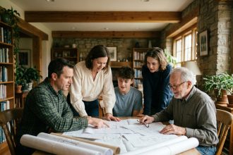 Famille multigénérationnelle autour d'une table avec des plans d'architecte pour la construction de leur maison