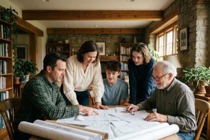 Famille multigénérationnelle autour d'une table avec des plans d'architecte pour la construction de leur maison