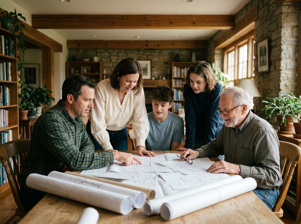 Famille multigénérationnelle autour d'une table avec des plans d'architecte pour la construction de leur maison