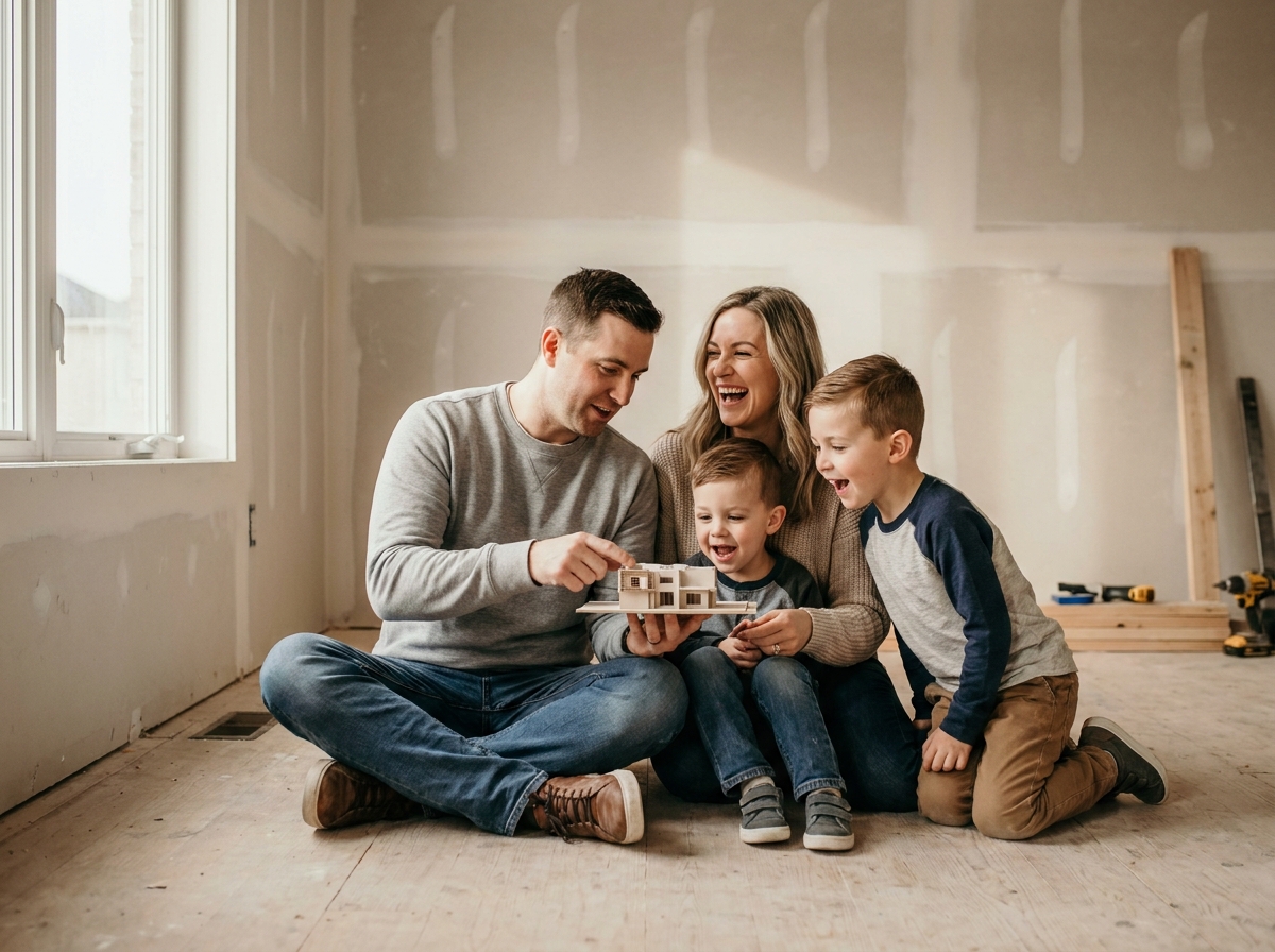 Jeune famille assise dans une pièce non terminée de leur future maison avec une maquette architecturale