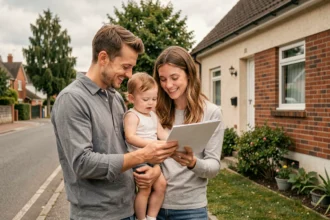 Famille avec enfant en bas âge devant leur maison en cours d'acquisition grâce au 1% logement