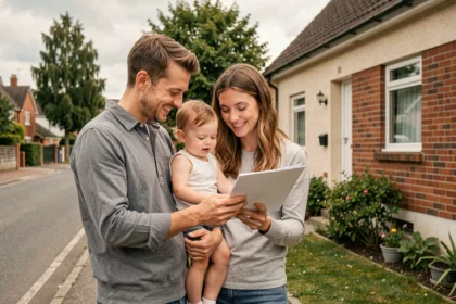 Famille avec enfant en bas âge devant leur maison en cours d'acquisition grâce au 1% logement