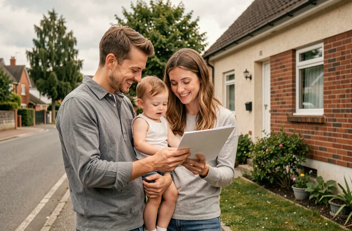 Famille avec enfant en bas âge devant leur maison en cours d'acquisition grâce au 1% logement