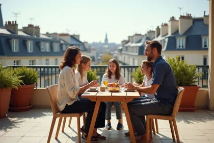 Famille réunie autour d'une table sur une terrasse d'appartement parisien avec vue sur les toits haussmanniens