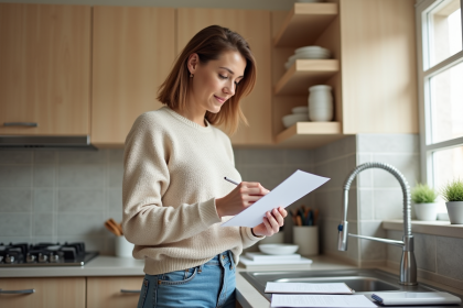 Femme d'âge moyen remplissant un formulaire d'annulation dans sa cuisine