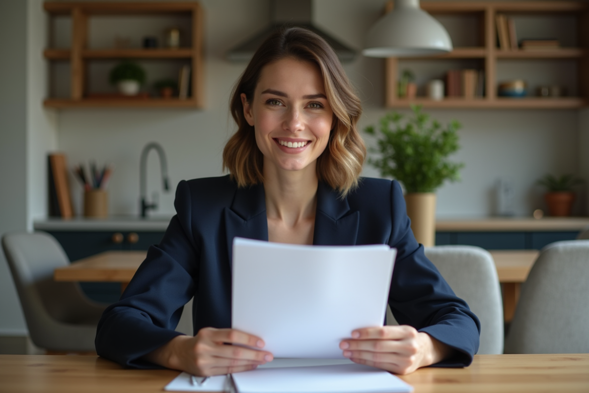 Jeune femme en blazer navy avec dossier d'assurance