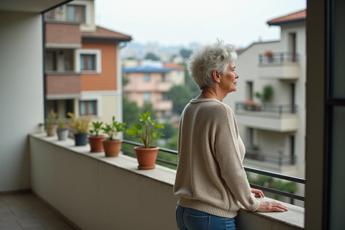 Femme regardant la ville depuis un balcon résidentiel