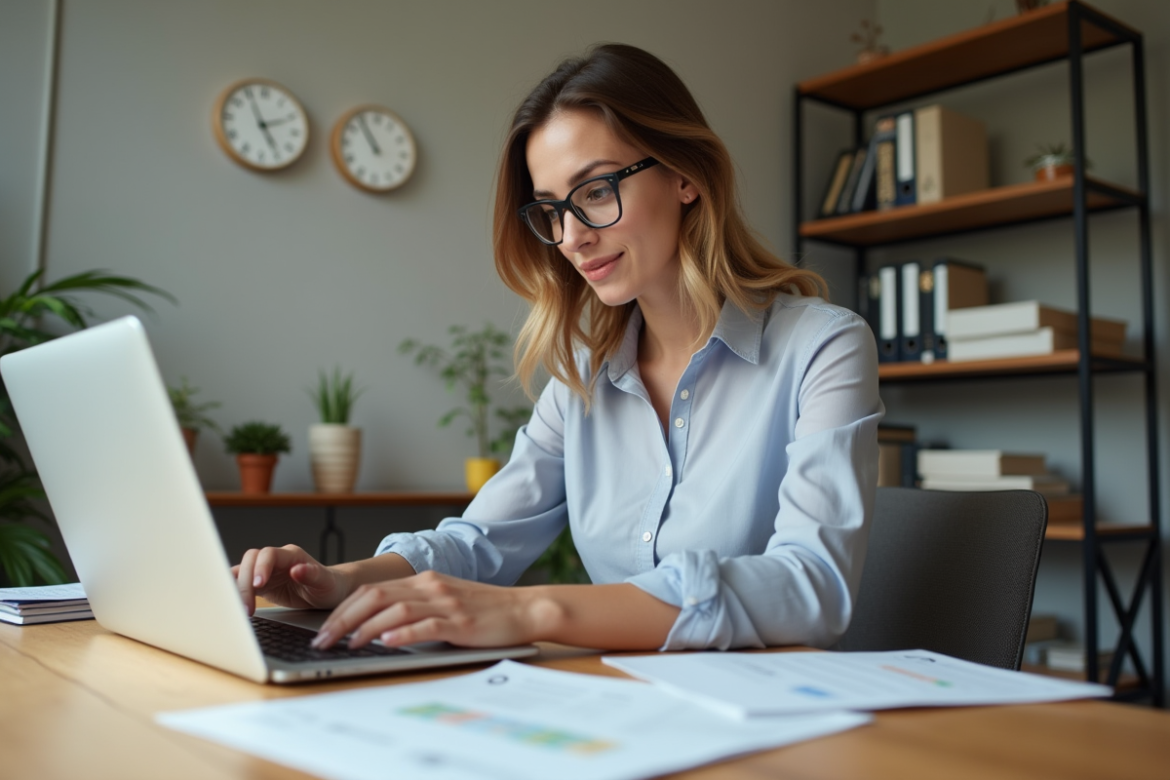 Femme en bureau moderne examine documents de location