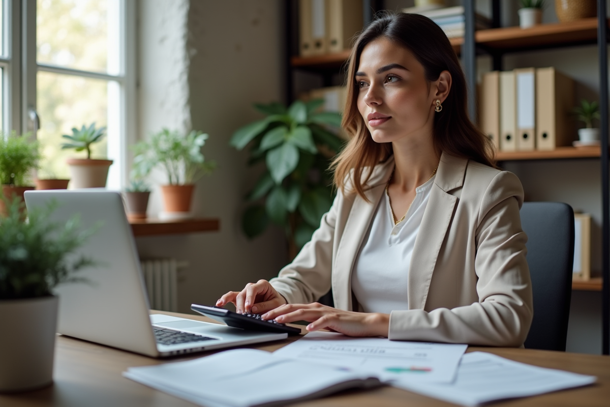 Jeune femme utilise une calculatrice dans son bureau à domicile