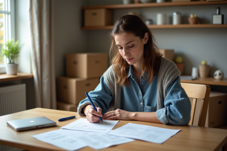 Femme remplissant un formulaire de changement d'adresse dans un appartement cosy
