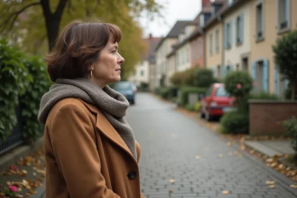 Femme en manteau camel dans un quartier paisible d'Île-de-France