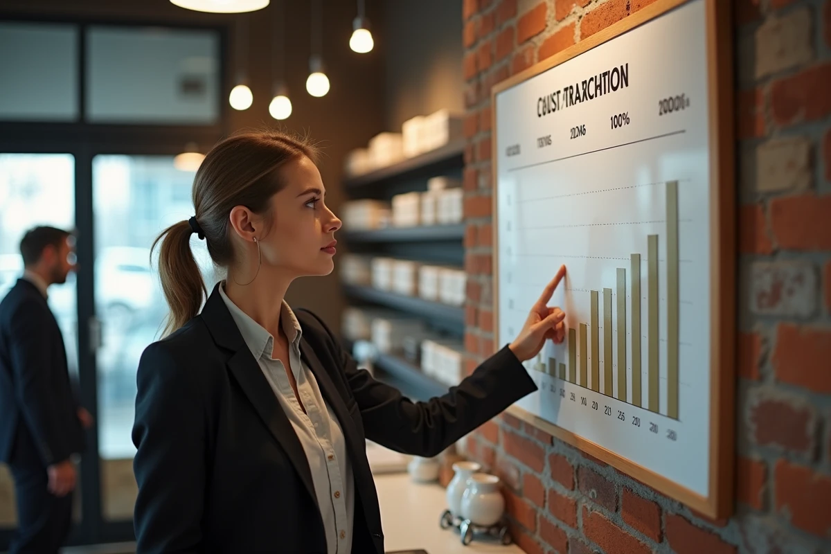 Jeune femme commerçante pointant un graphique en magasin