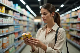Femme comparant deux étiquettes de produits dans un supermarché pour faire un achat éclairé