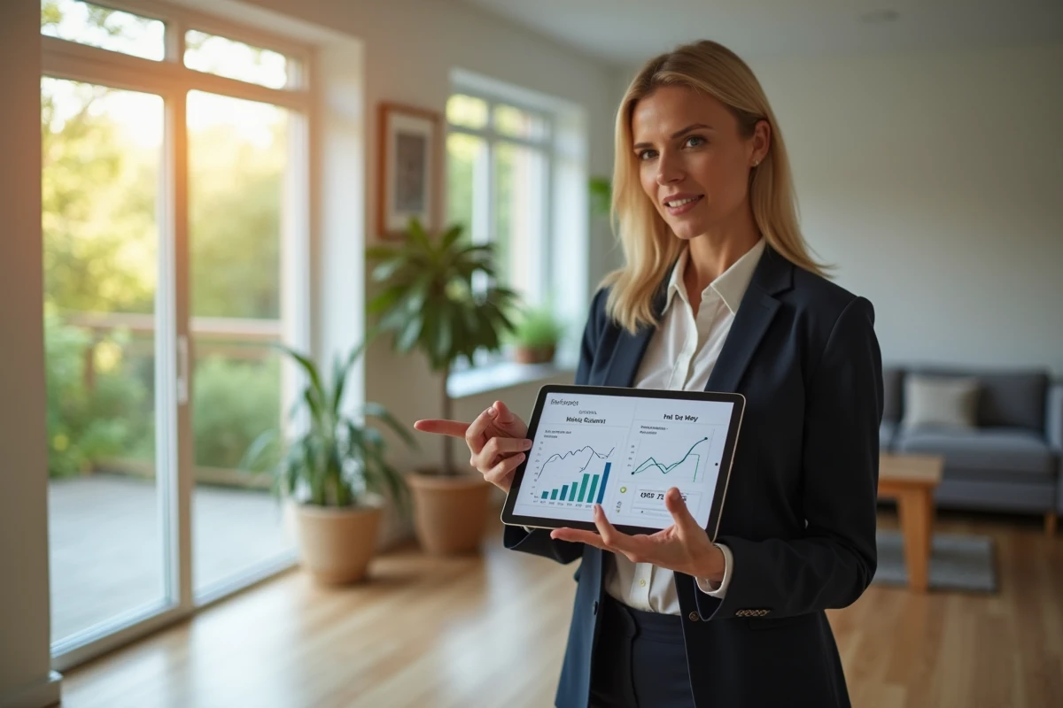 Femme professionnelle pointant un graphique d'évaluation immobilière