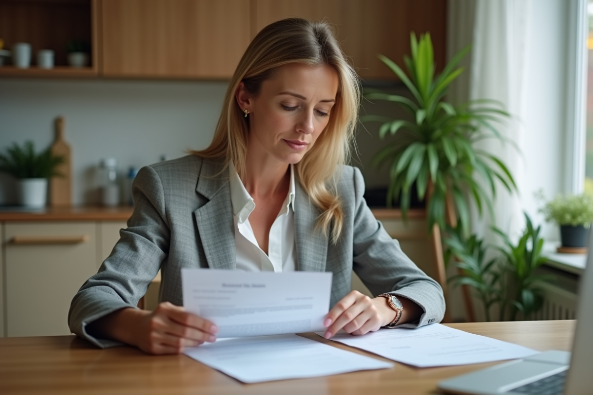 Femme d'âge moyen examinant un contrat de location dans une cuisine moderne