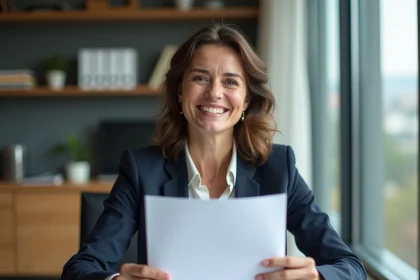 Femme professionnelle souriante tenant un contrat immobilier