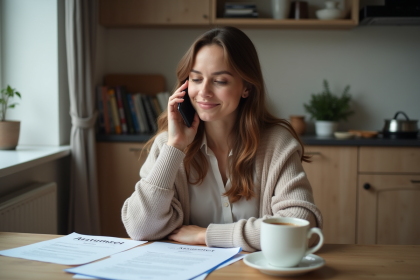 Femme au téléphone avec documents de location sur la table