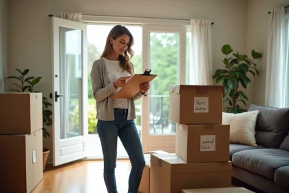 Femme examinant un document dans un salon en déménagement