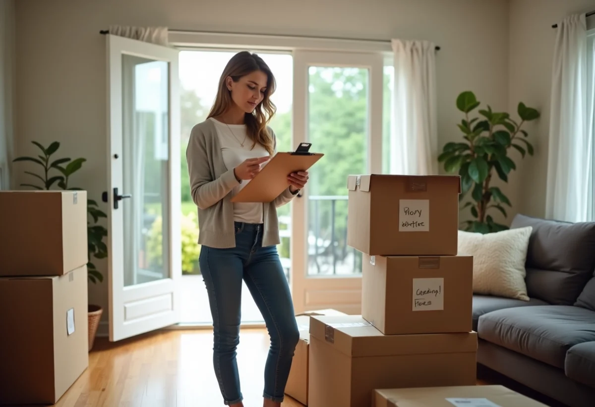 Femme examinant un document dans un salon en déménagement