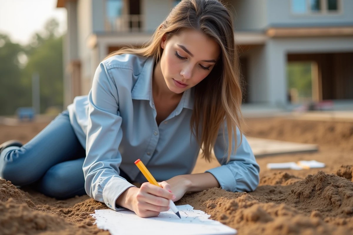Jeune femme trace une ligne de construction