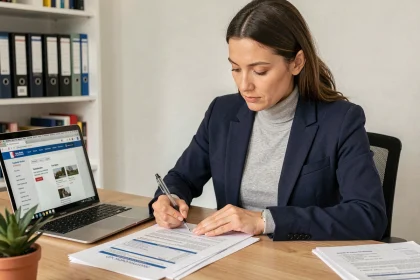 Femme consultant un dossier de cotation logement LOC annonce sur son bureau avec des documents administratifs