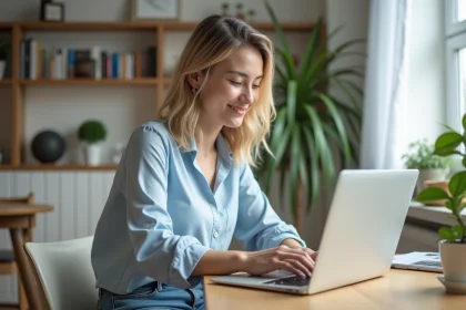 Femme souriante utilisant un ordinateur pour estimation immobiliere