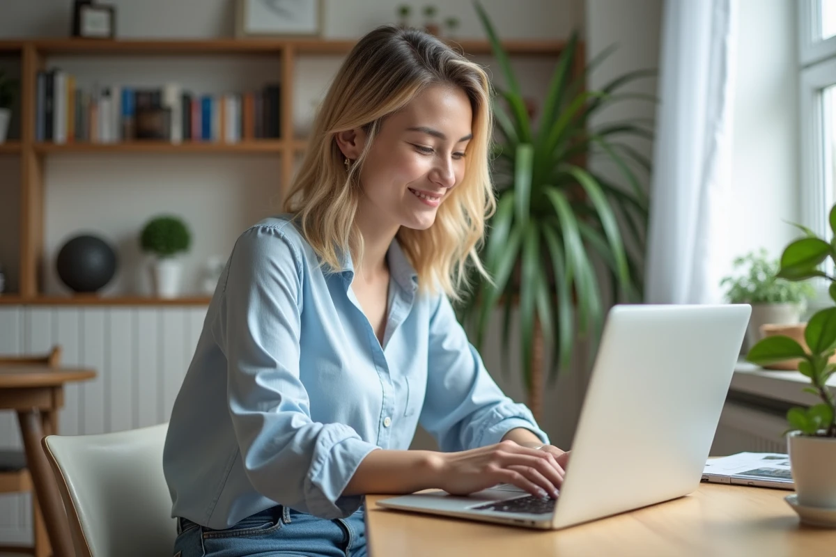 Femme souriante utilisant un ordinateur pour estimation immobiliere