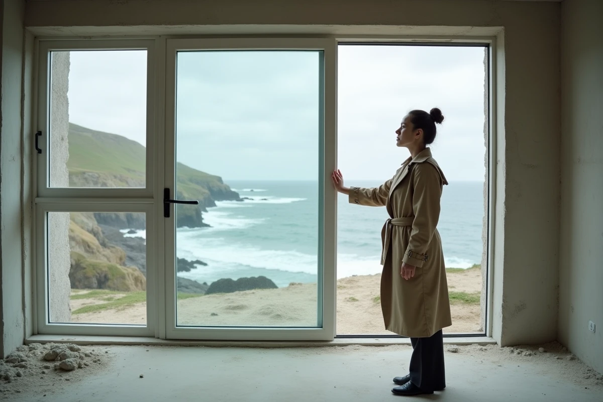 Femme évaluant la vue sur l'océan Atlantique depuis l'intérieur d'une maison côtière en rénovation
