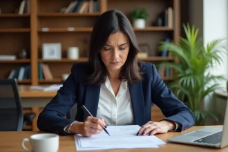 Femme examinant un courrier de congé locatif sur son bureau à domicile, article 15 loi du 6 juillet 1989