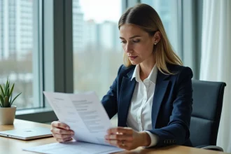 Jeune femme en blazer bleu examine des offres immobilières