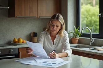 Femme d'âge moyen examinant des documents immobiliers à la cuisine