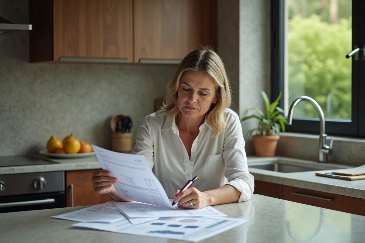 Femme d'âge moyen examinant des documents immobiliers à la cuisine