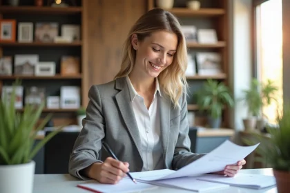 Femme professionnelle souriante dans un bureau immobilier à Lyon