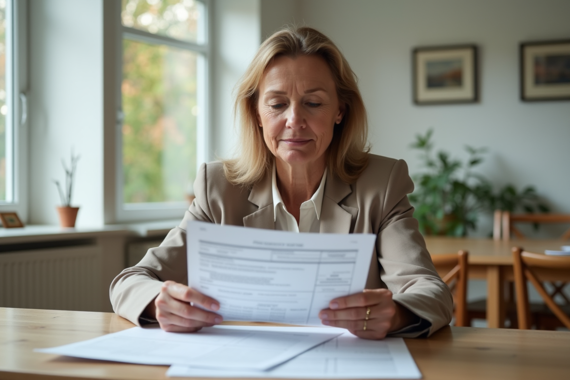 Femme d'âge moyen examinant des documents d'impôts immobiliers