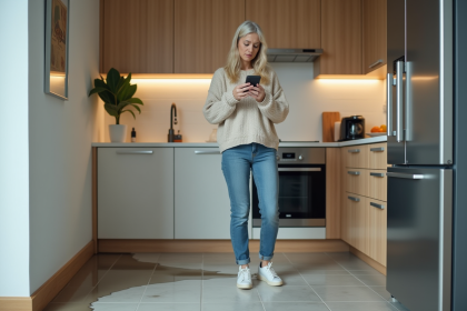 Femme anxieuse dans sa cuisine rénovée face à une flaque d'eau