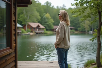 Femme détendue sur la terrasse au bord du lac