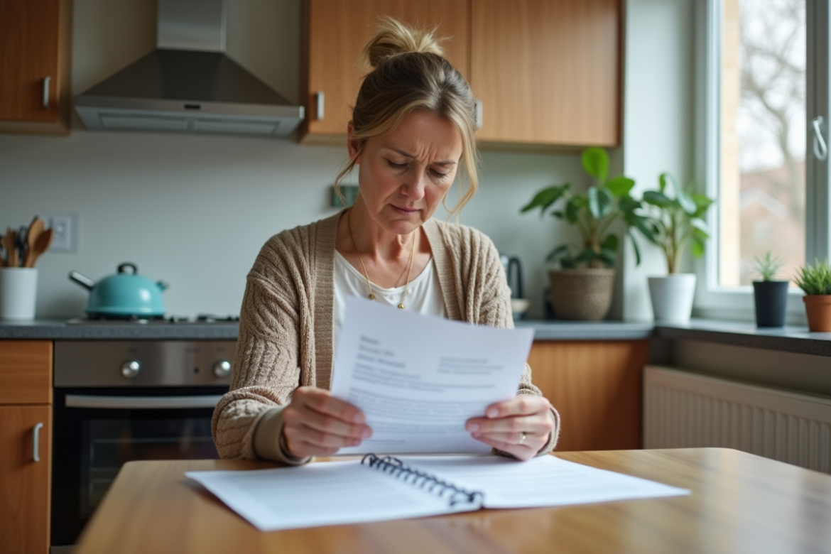 Femme d'âge moyen lisant des documents dans la cuisine
