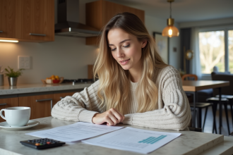 Jeune femme examine documents d'assurance maison à la cuisine