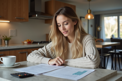 Jeune femme examine documents d'assurance maison à la cuisine