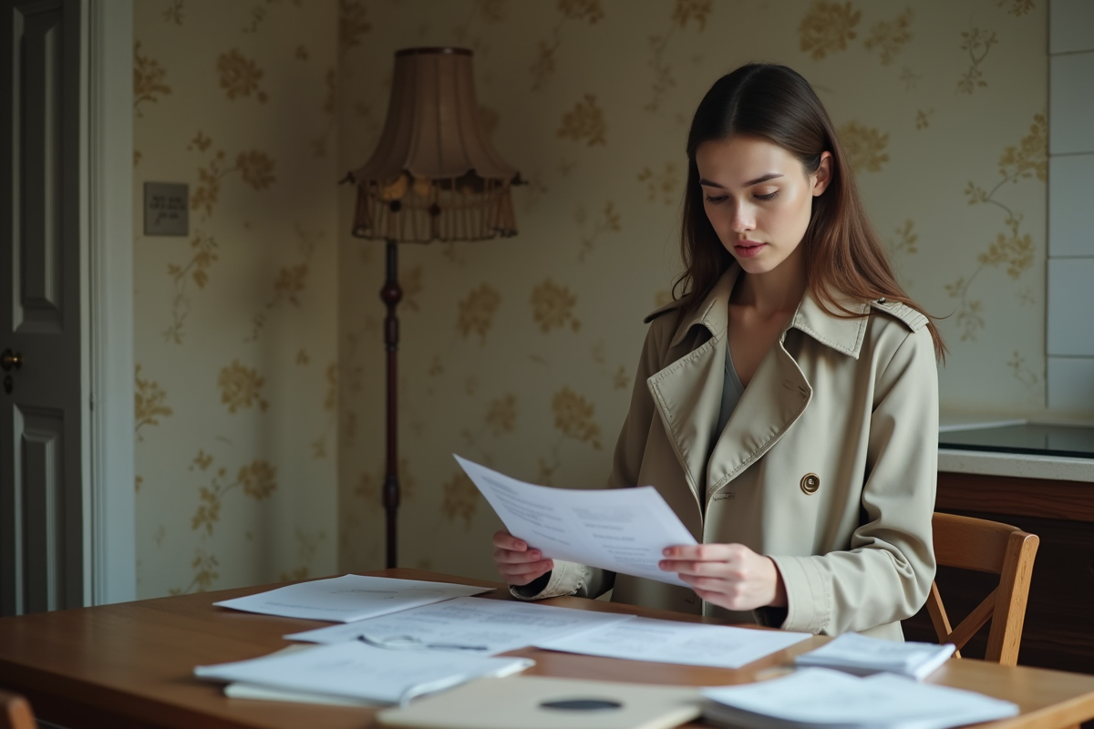 Jeune femme examine documents dans appartement vide