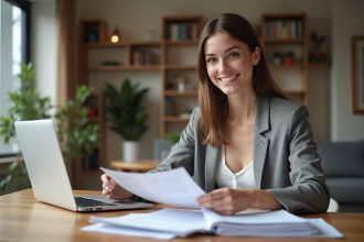 Femme souriante vérifiant des documents de location dans un intérieur cosy
