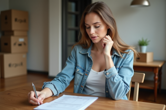 Femme organisée examinant des documents de déménagement