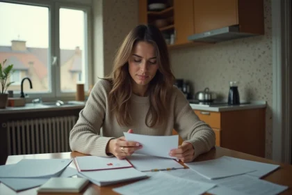 Femme calme organisant des papiers dans une cuisine modeste