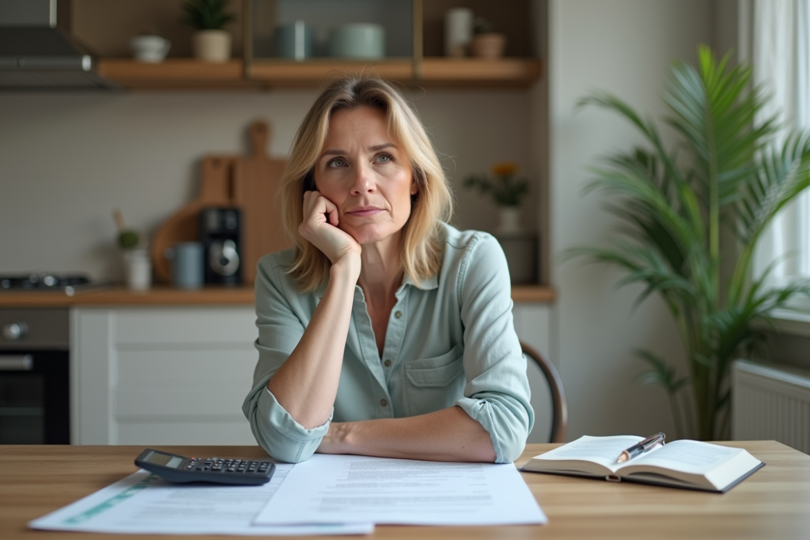 Femme réfléchissant à un achat immobilier dans sa cuisine