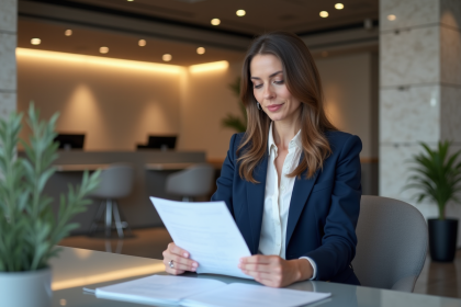 Femme d'affaires examinant des documents de prêt immobilier