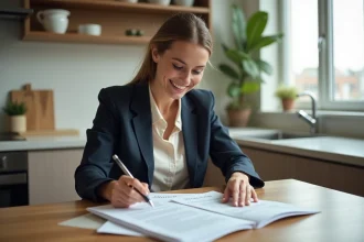 Femme d'affaires consulte des documents de prêt immobilier