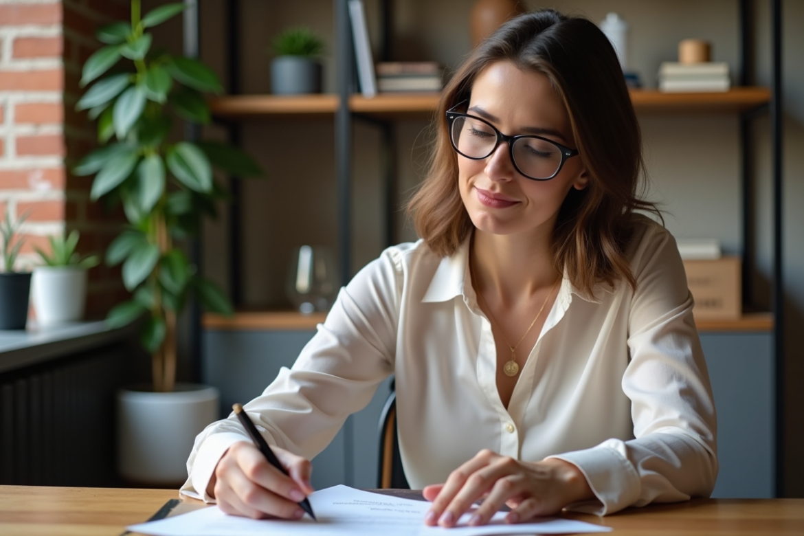 Femme professionnelle examinant un contrat de location dans un appartement urbain