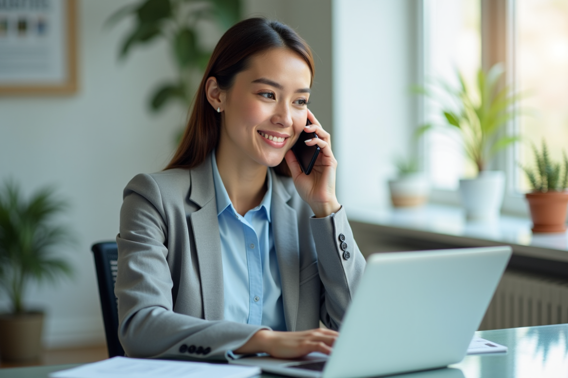 Femme d'affaires parlant au téléphone dans un bureau moderne